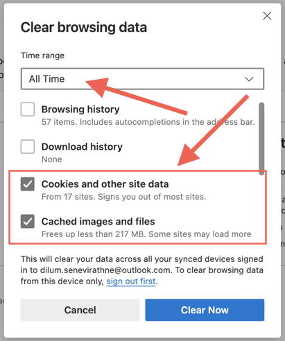 microsoft edge clearing cache and cookies