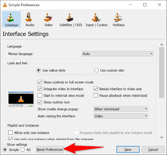 Reset preferences