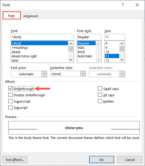 Apply single or double strikethrough in Word