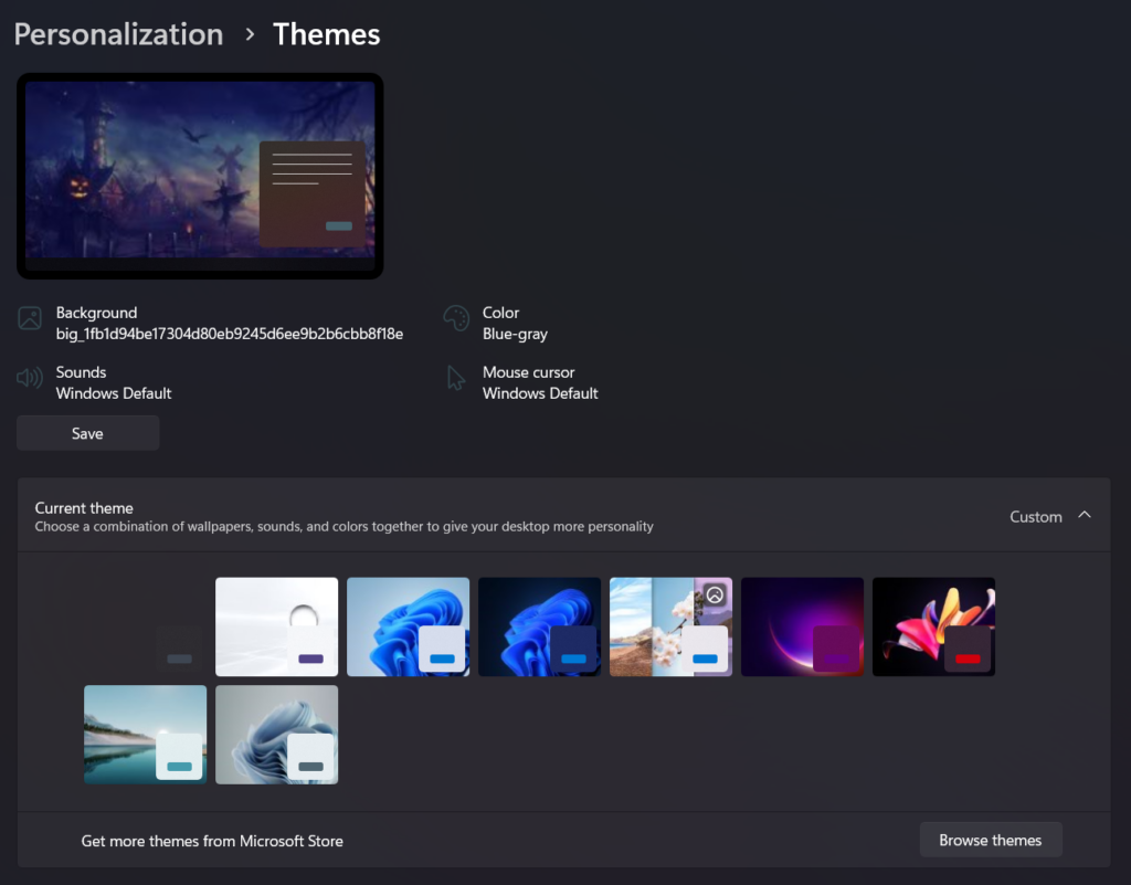 Themes page on personalization settings