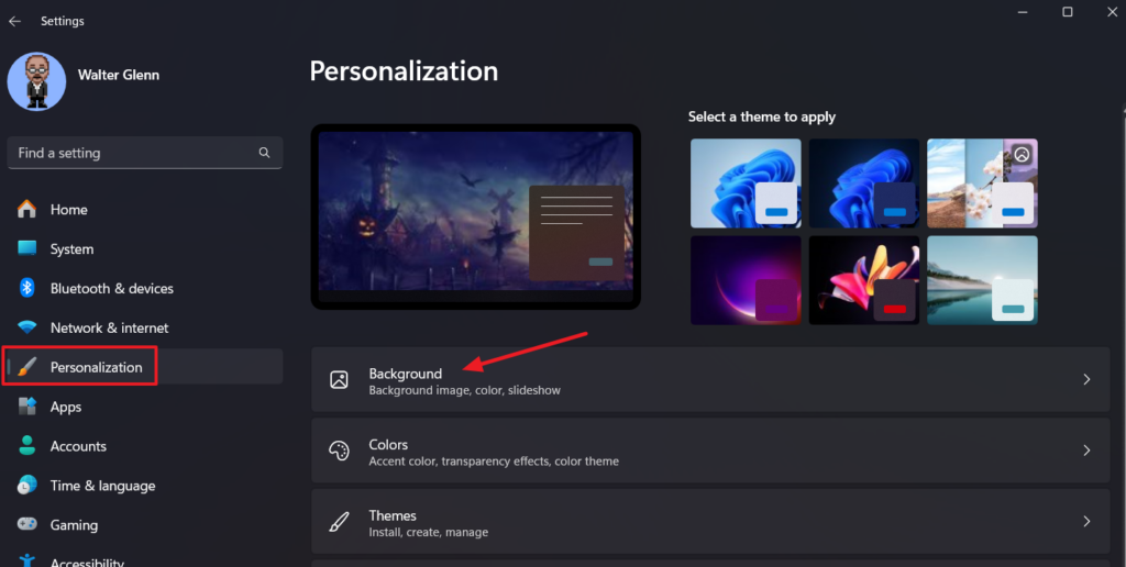 Selecting the background option in personalization settings