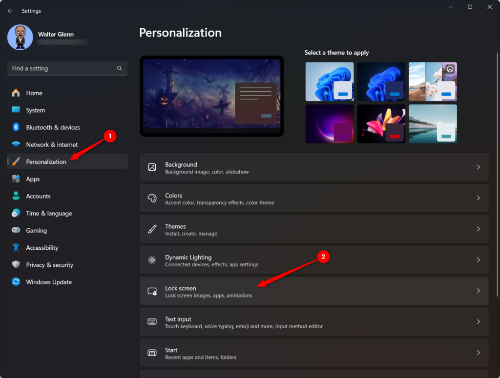 Selecting the lock screen option in personalization settings