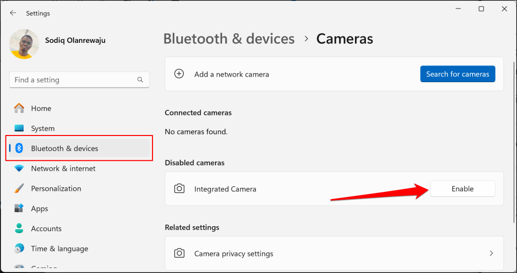 Cameras settings page in Windows