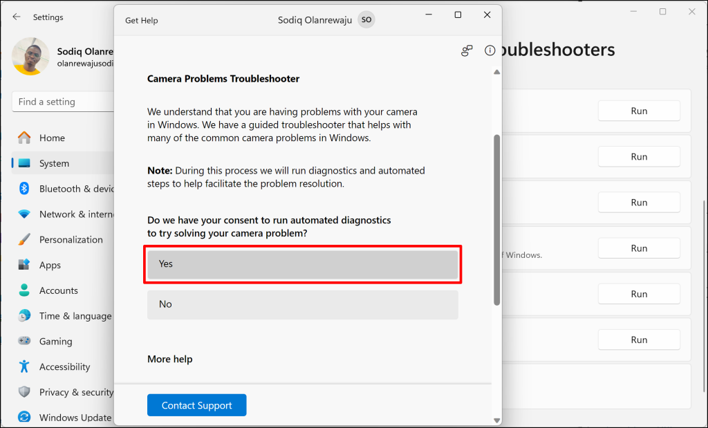 Camera Problems Troubleshooter in Windows Get Help app