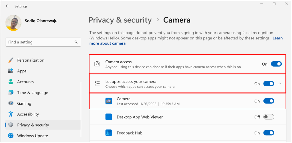 Windows 11 Privacy and security settings menu