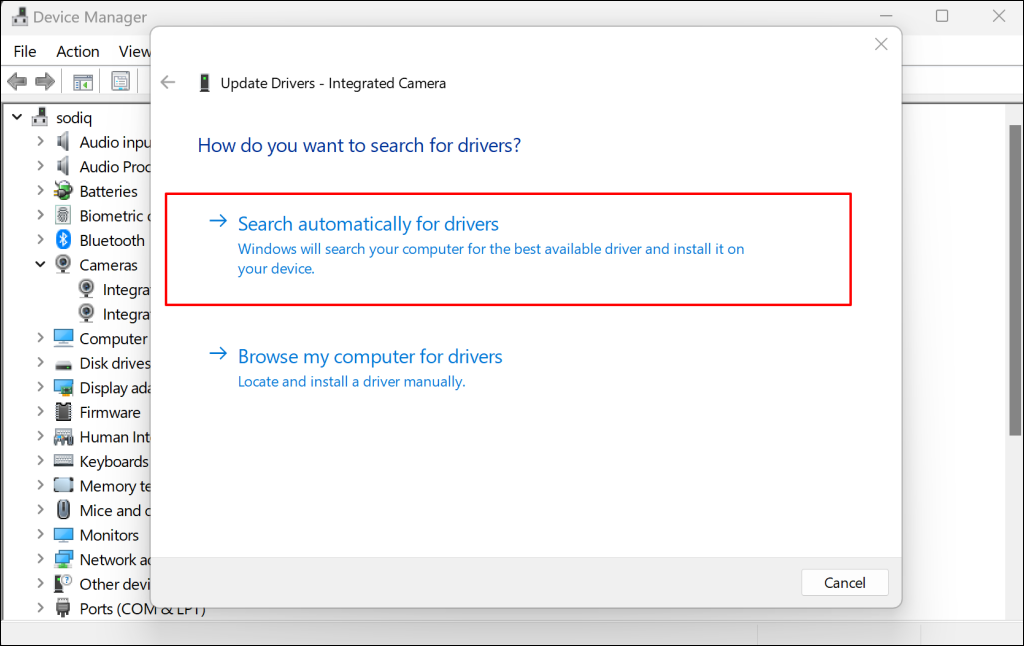 Update Drivers window in Windows Device Manager 