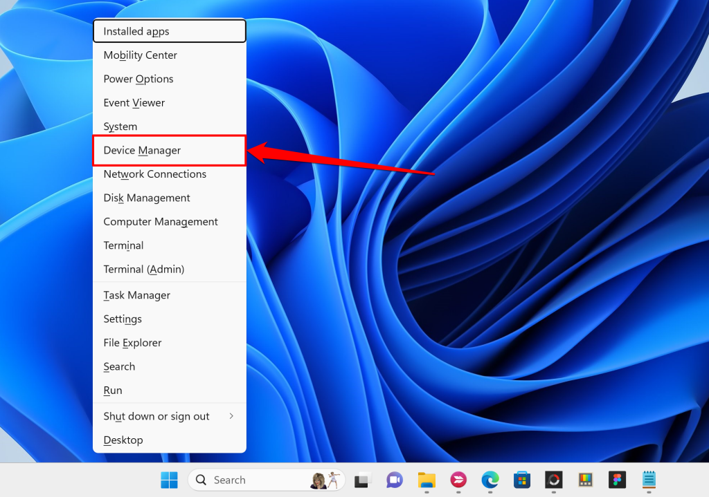 Device Manager option in Windows Quick Access menu
