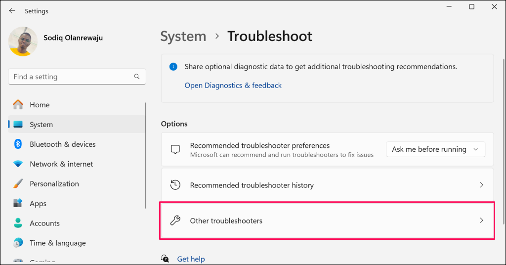 Troubleshoot menu in Windows Settings