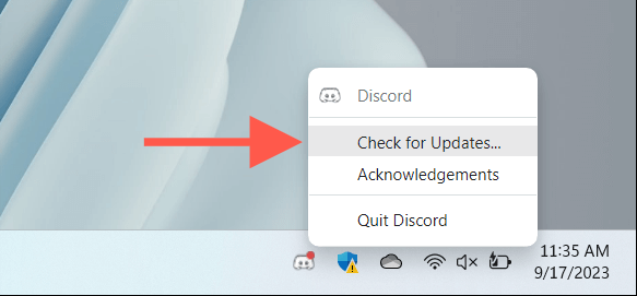 checking for updates from the Discord system tray icon