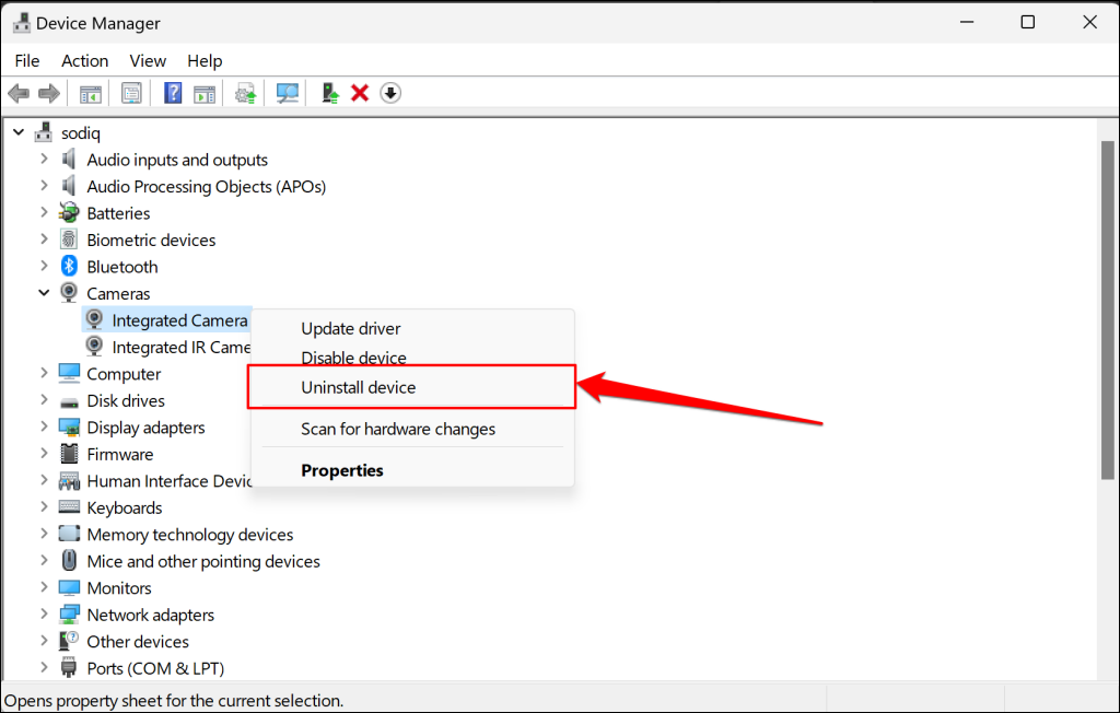 Camera driver context menu in Windows Device Manager