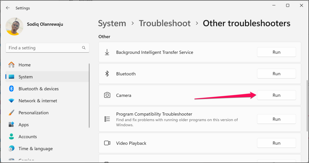 Camera Troubleshooter page in Windows 11 settings