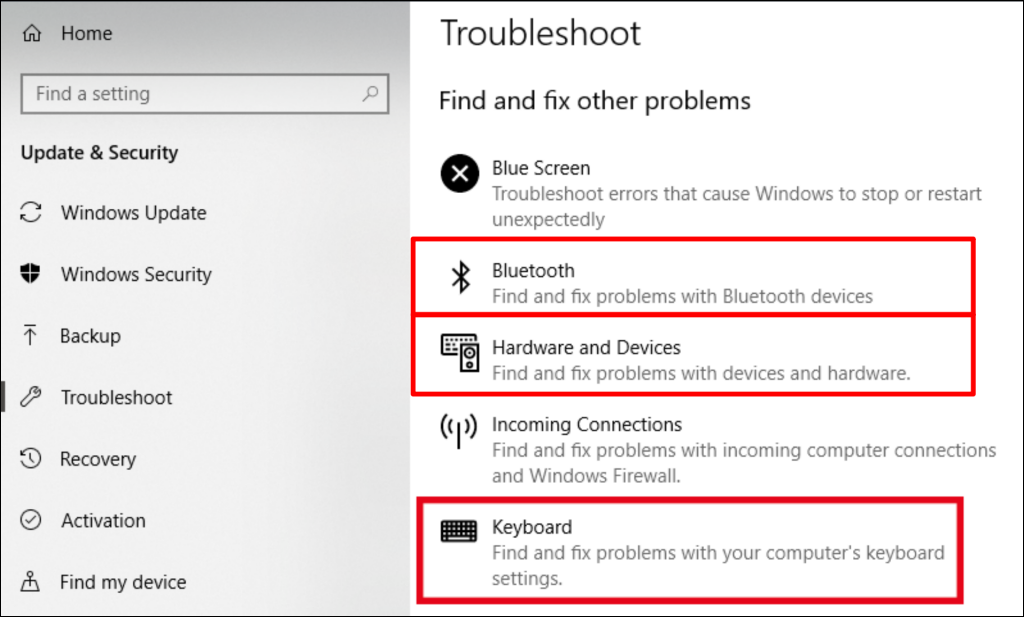 Troubleshoot settings page in Windows 10 highlighting these troubleshooters: Bluetooth, Hardware and Devices, and Keyboard.