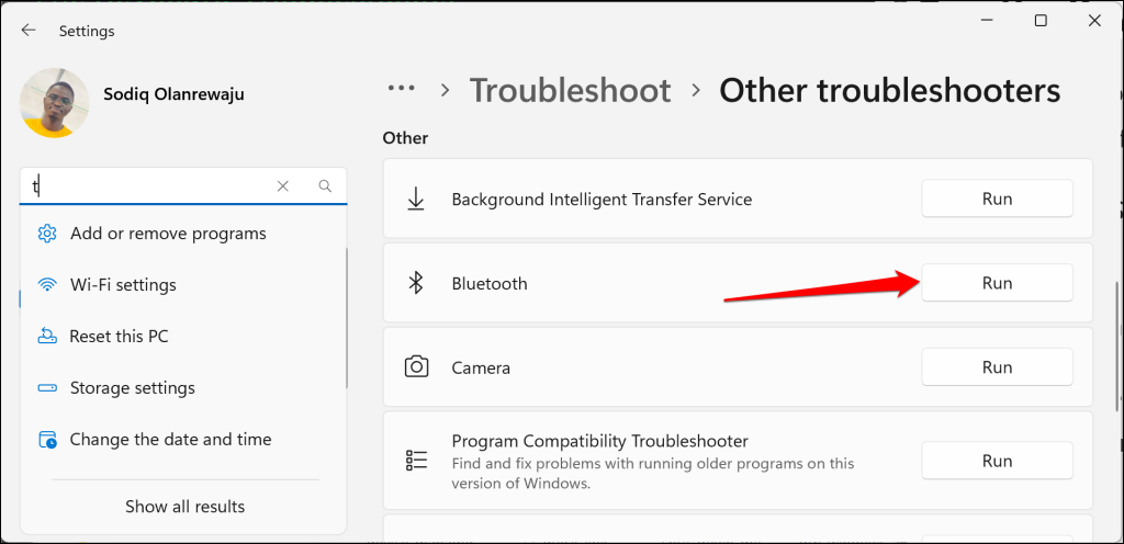 Bluetooth troubleshooter in Wigndows 11