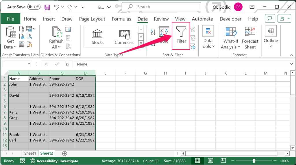 Filter tool in Microsoft Excel