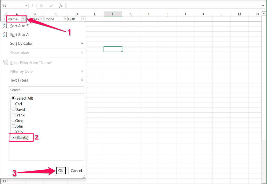 Applying Blanks filtering to an Excel spreadsheet