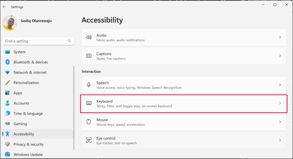 Accessibility settings page in Windows settings
