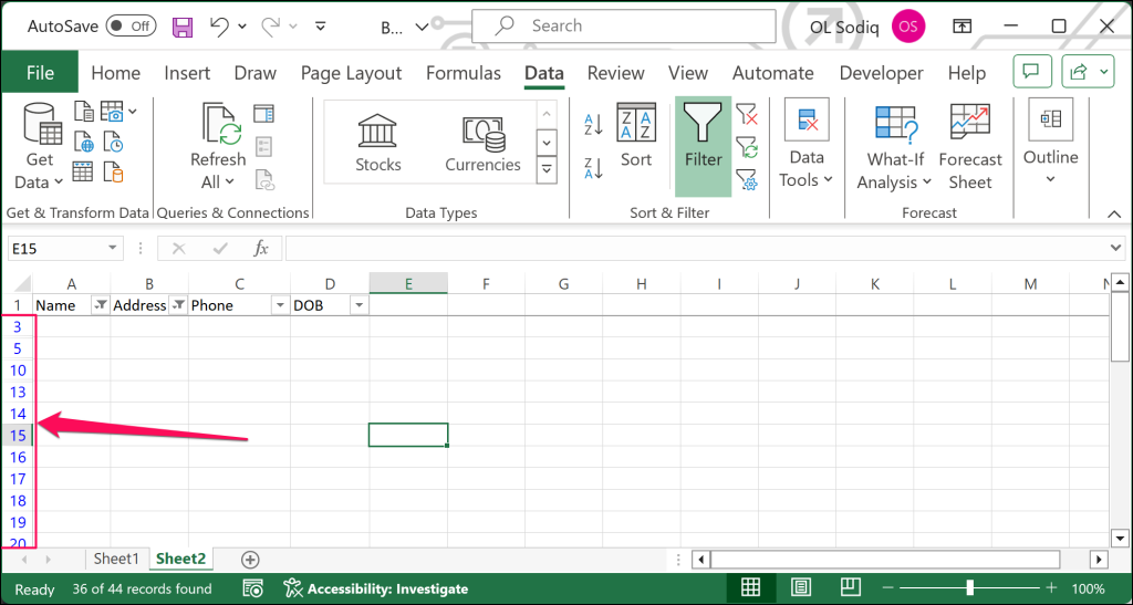 Highlight showing empty rows in Microsoft Excel