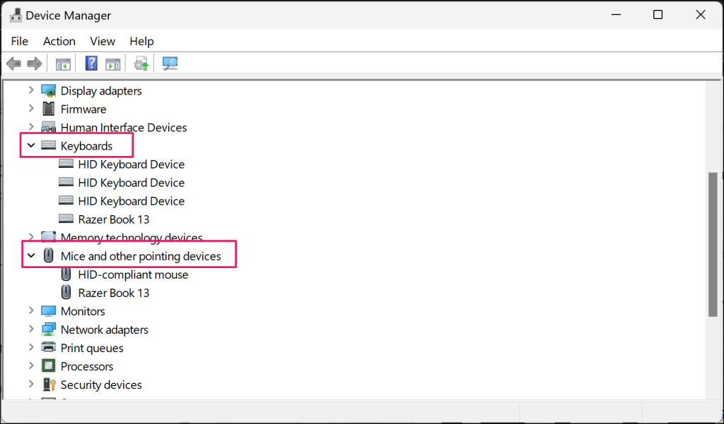 "Keyboards" and "Mice and other pointing devices" categories in Windows Device Manager