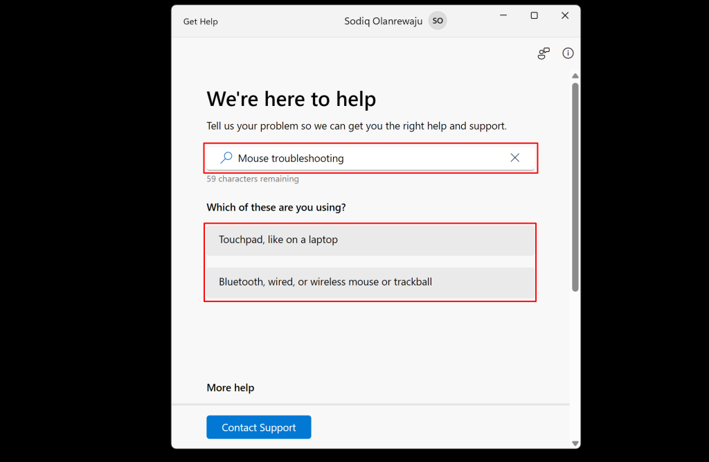 "Mouse troubleshooting" in Windows Get Help app