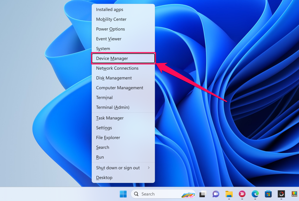 "Device Manager" option in Windows Quick Link menu