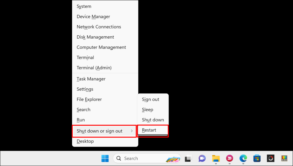 "Restart" option in Windows Quick Link menu
