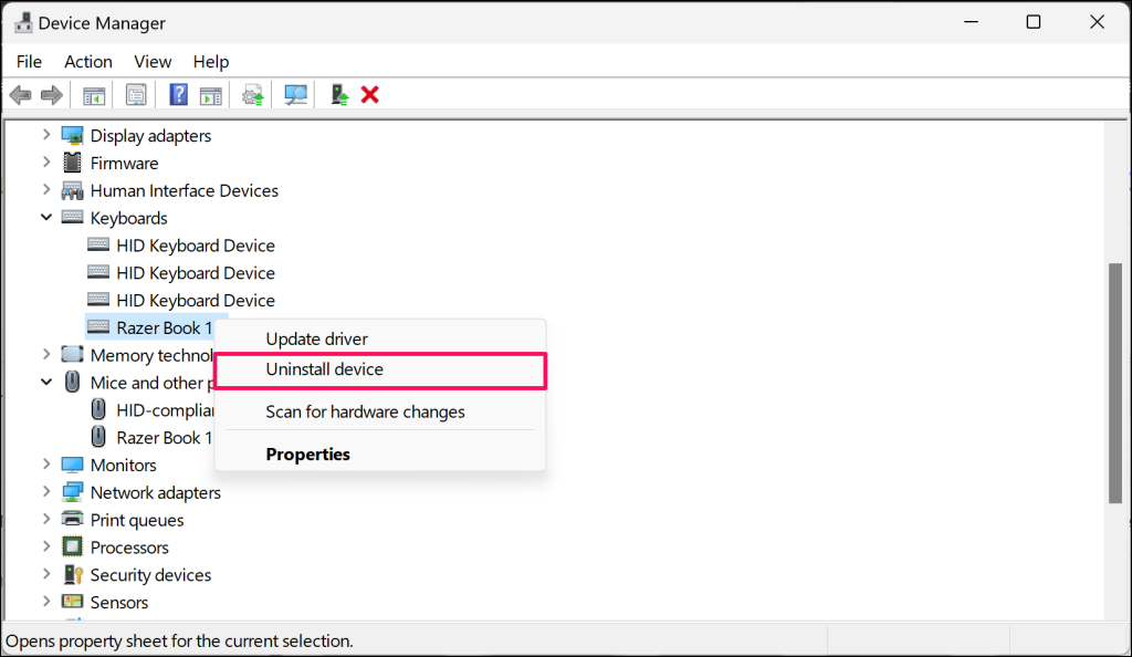 "Uninstall device" option for keyboard driver in Windows Device Manager