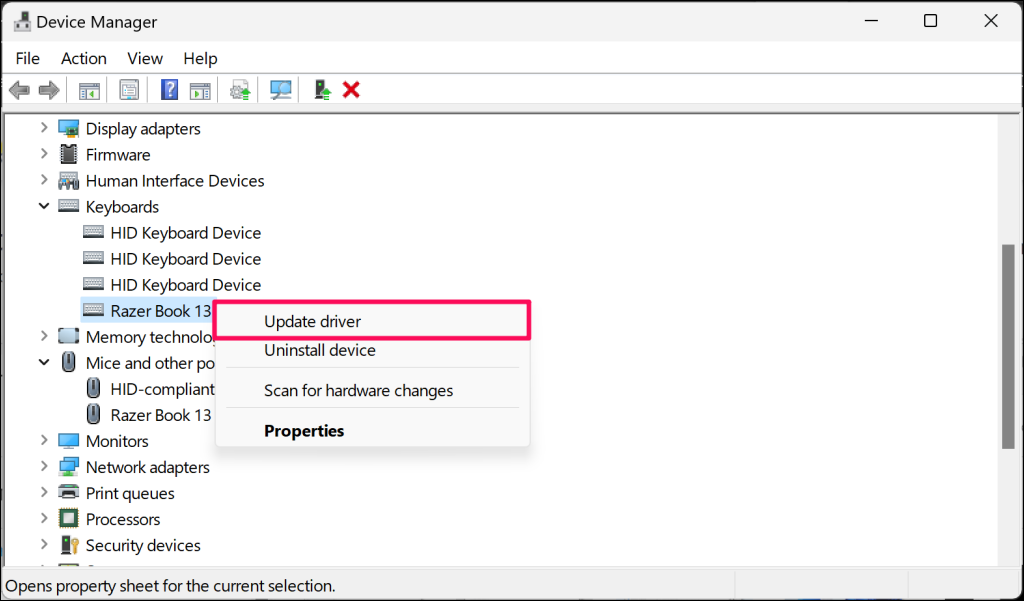 "Update driver" option for Razer Book 13 keyboard driver in Windows Device Manager