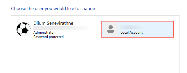 A local account highlighted in the Windows Control Panel.
