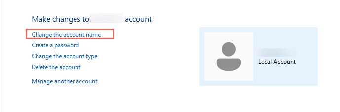 "Change the account name" option highlighted in the Windows Control Panel.