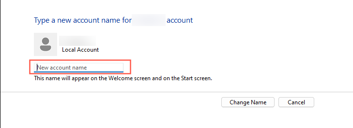 "New account name" text field highlighted in the Windows Control Panel.
