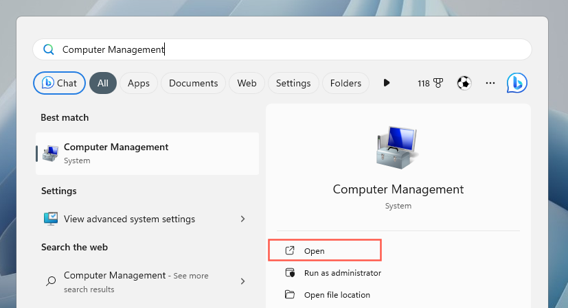 "Computer Management" in the Start menu search results.