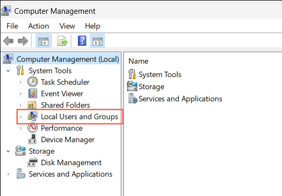 "Local Users and Groups" highlighted in Computer Management.