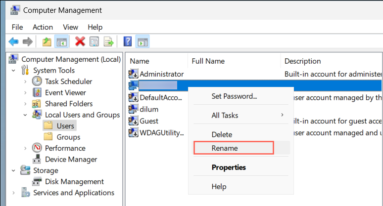 Rename option highlighted for a user acccount in Computer Management.