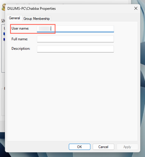 "User name" field highlighted in a user account's Properties dialog.