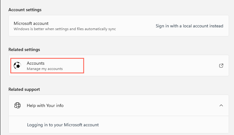 "Accounts - Manage my accounts" highlighted in Settings.