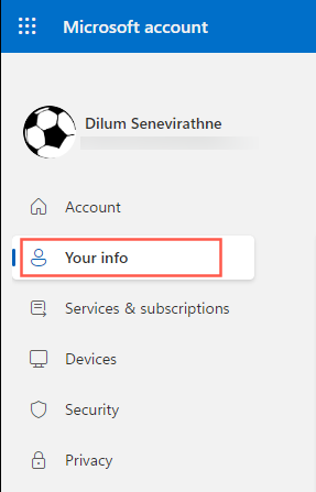 "Your info" option highlighted in the Microsoft account web portal.