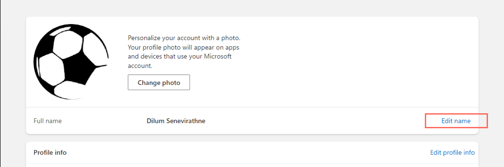 "Edit name" option highlighted in the Microsoft account web portal.