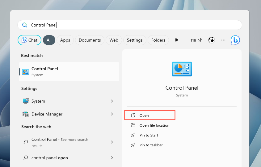 "Control Panel" in the Start menu search results.