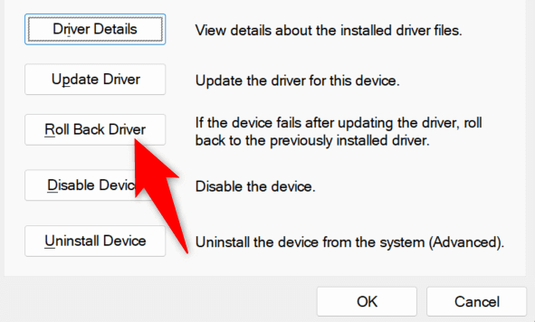 Rolling back a driver in Device Manager