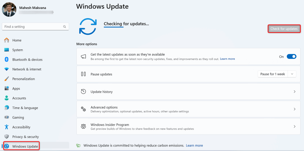 Checking for updates in Windows 11