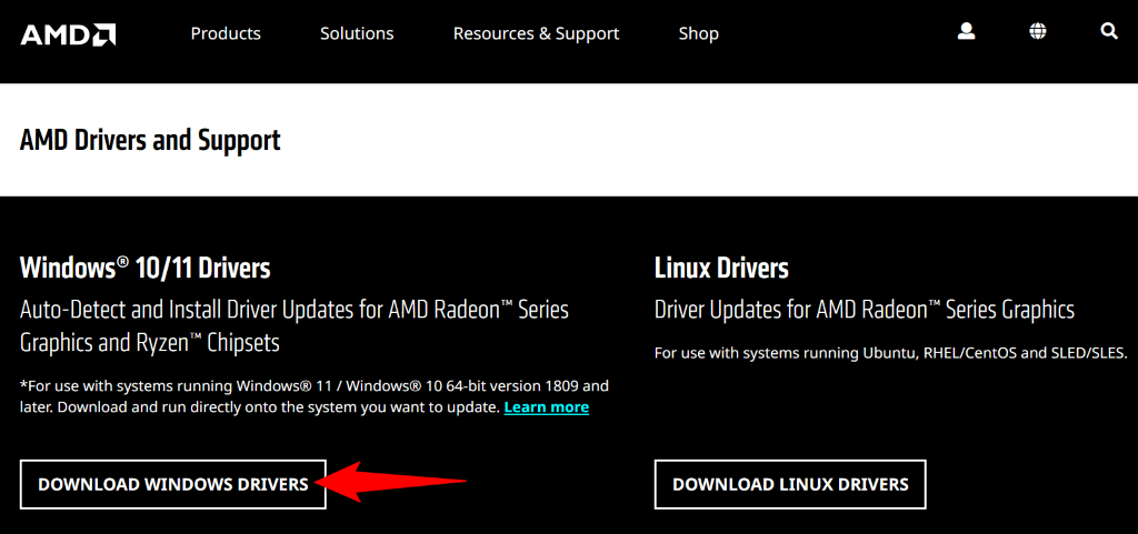 Downloading Windows drivers from the AMD web site