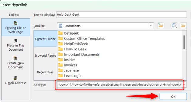 Edit the hyperlink URL in the popup dialog box