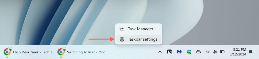 The Taskbar settings option highlighted in the taskbar contextual menu.