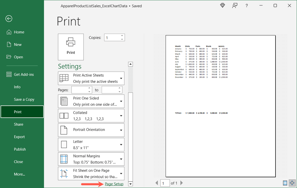 Page Setup below the Print Settings in Excel on Windows