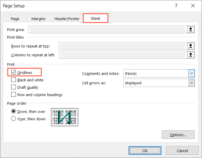 Gridlines checkbox in the Page Setup box on Windows