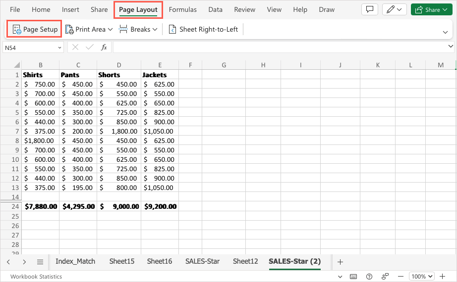 Page Setup on the Page Layout tab in Excel on the web