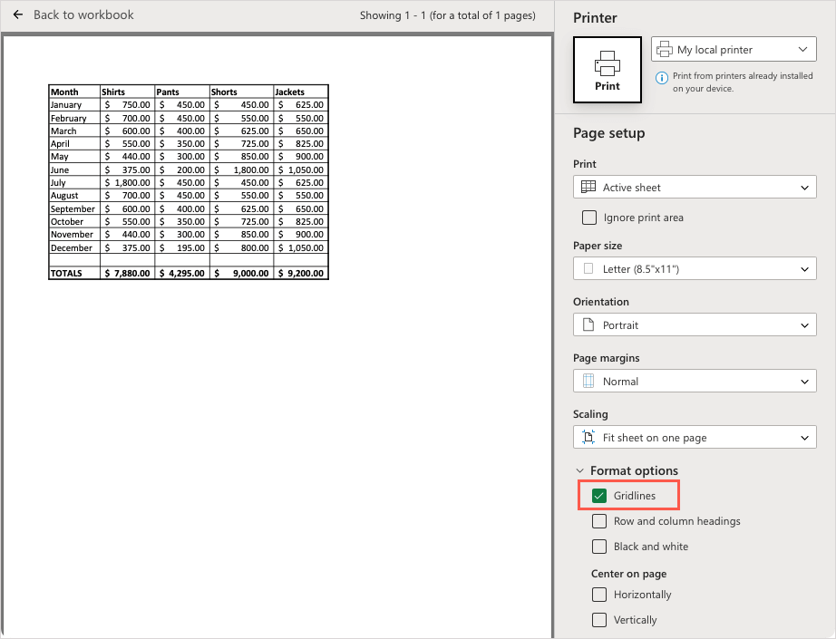 Gridlines checkbox in Excel on the web