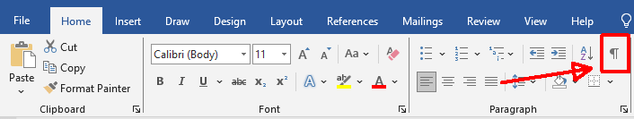 The ribbon in word showing the formatting marks icon.