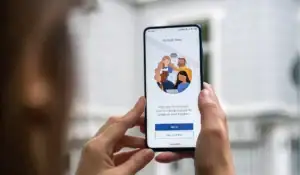 Closeup of man's hands holding phone that shows Teams sign in page