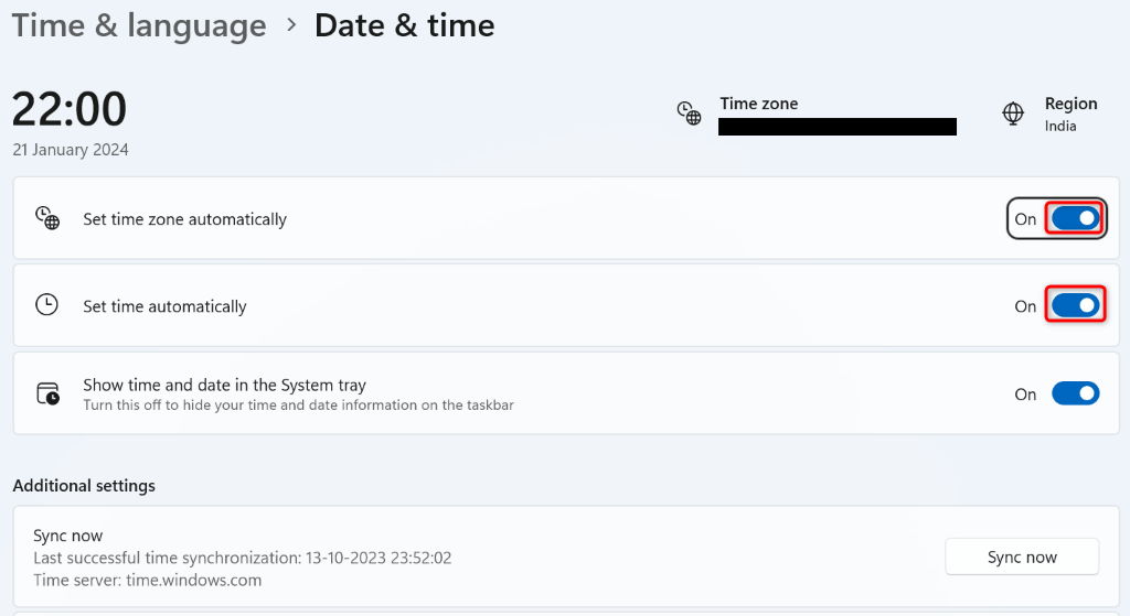 "Set time zone automatically" and "Set time automatically" highlighted in Windows Settings.